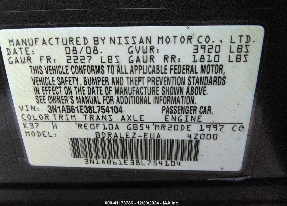 2008 NISSAN SENTRA 2.0S VIN: 3N1AB61E38L754104