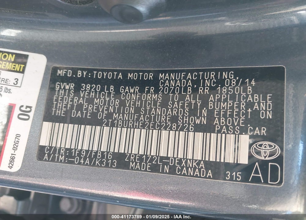 2014 TOYOTA COROLLA LE VIN: 2T1BURHE2EC228726