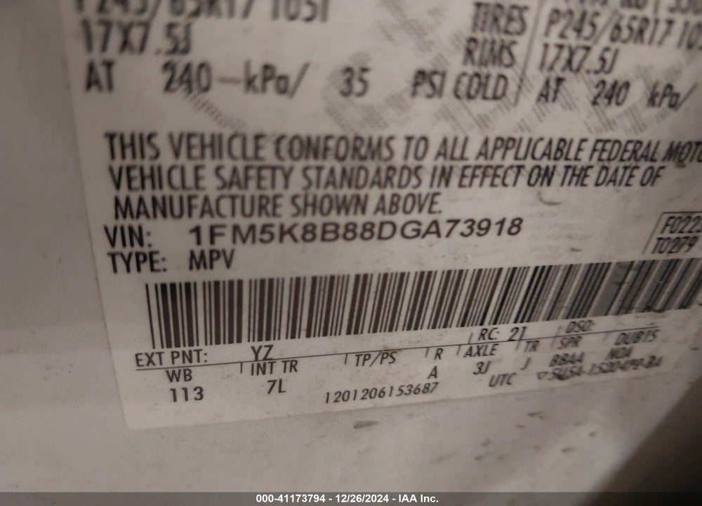 2013 FORD EXPLORER VIN: 1FM5K8B88DGA73918