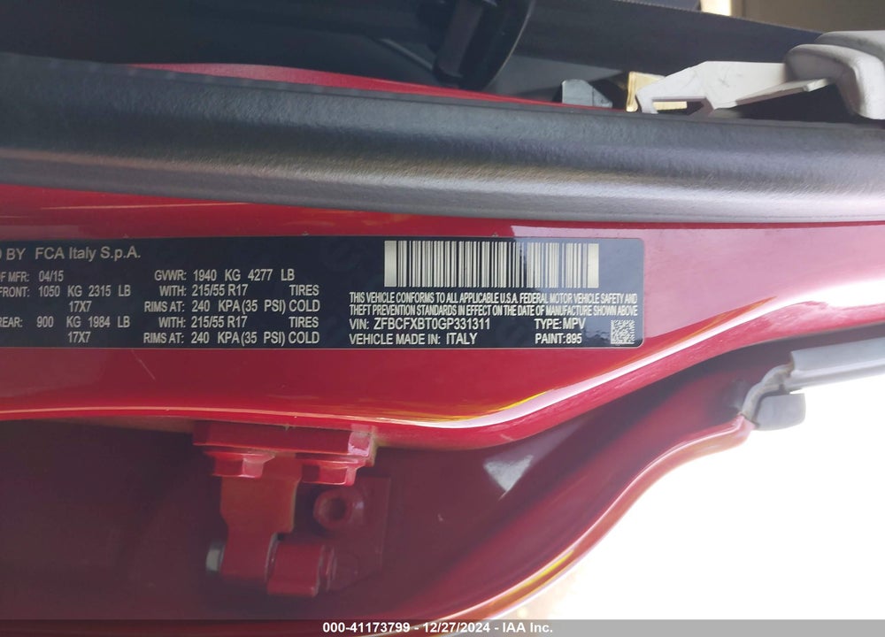 2016 FIAT 500X EASY VIN: ZFBCFXBT0GP331311
