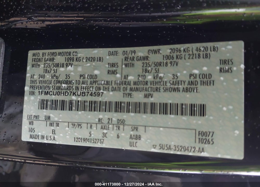 2019 FORD ESCAPE SEL VIN: 1FMCU0HD7KUB74597