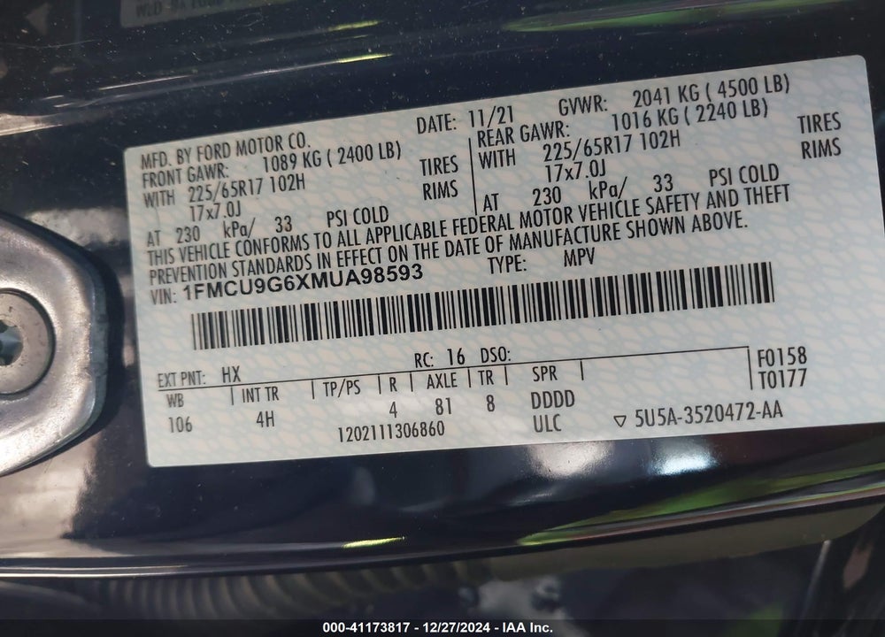 2021 FORD ESCAPE SE VIN: 1FMCU9G6XMUA98593