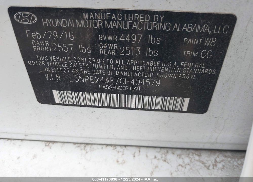 2016 HYUNDAI SONATA VIN: 5NPE24AF7GH404579