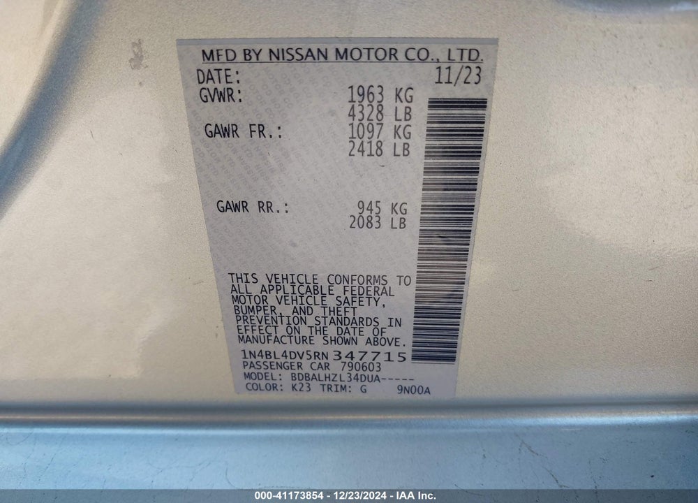 2024 NISSAN ALTIMA SV FWD VIN: 1N4BL4DV5RN347715