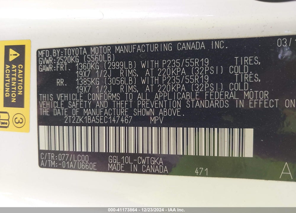 2014 LEXUS RX 350 VIN: 2T2ZK1BA5EC147467