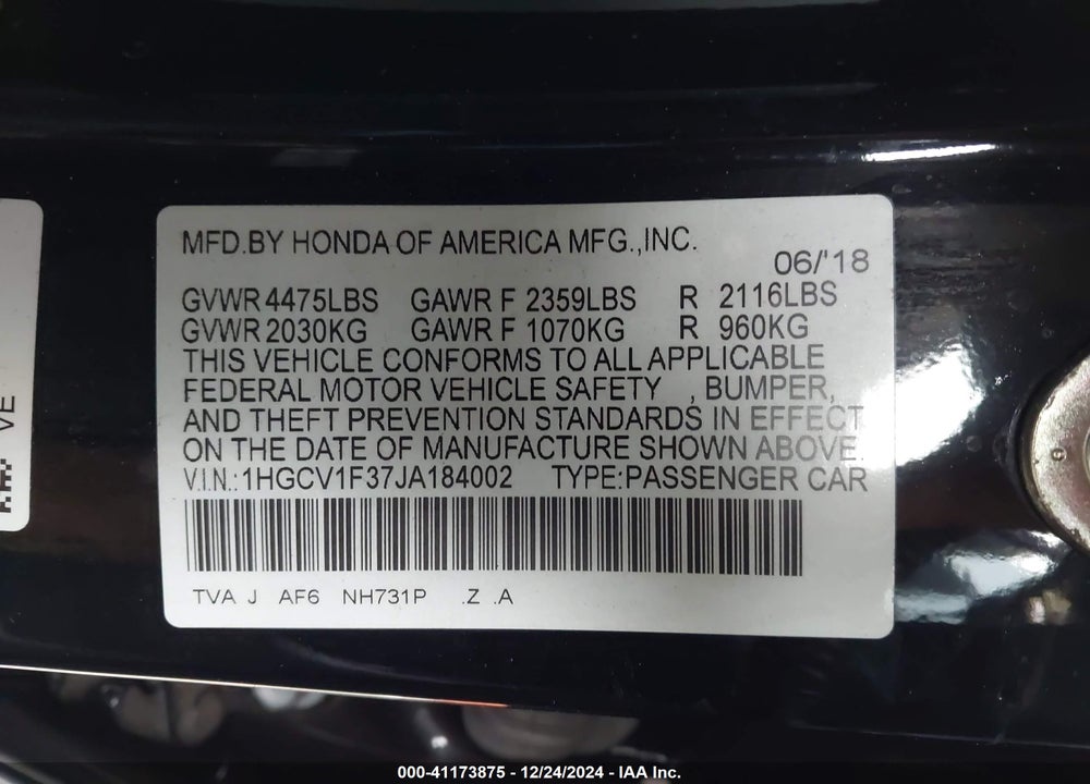 2018 HONDA ACCORD VIN: 1HGCV1F37JA184002