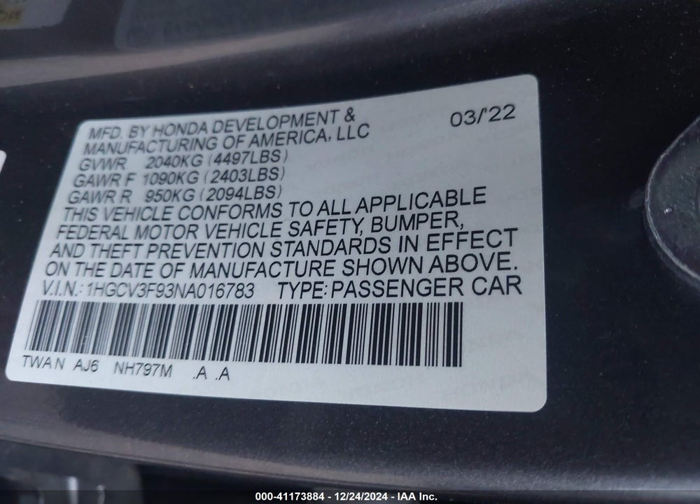 2022 HONDA ACCORD HYBRID TOURING VIN: 1HGCV3F93NA016783