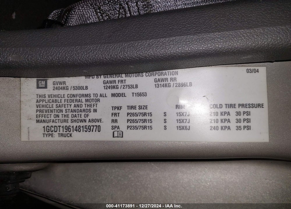 2004 CHEVROLET COLORADO LS VIN: 1GCDT196148159770