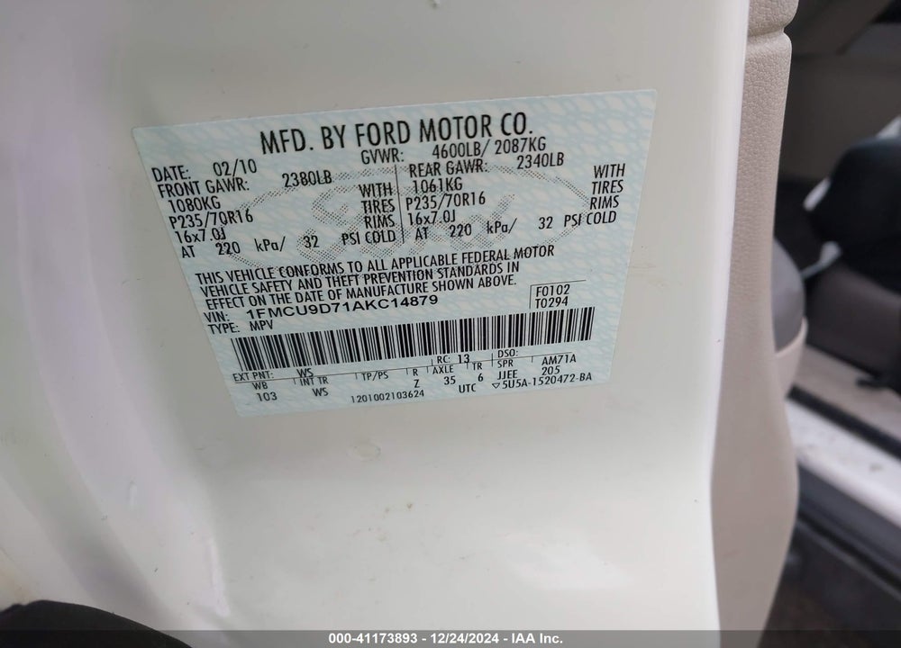 2010 FORD ESCAPE VIN: 1FMCU9D71AKC14879