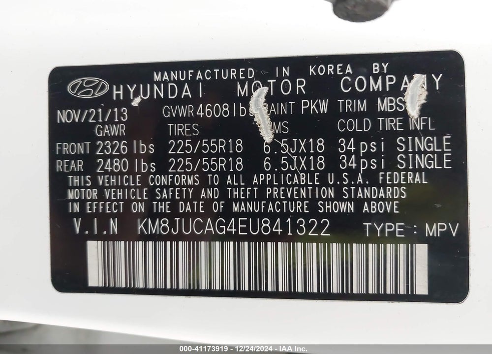 2014 HYUNDAI TUCSON LIMITED VIN: KM8JUCAG4EU841322