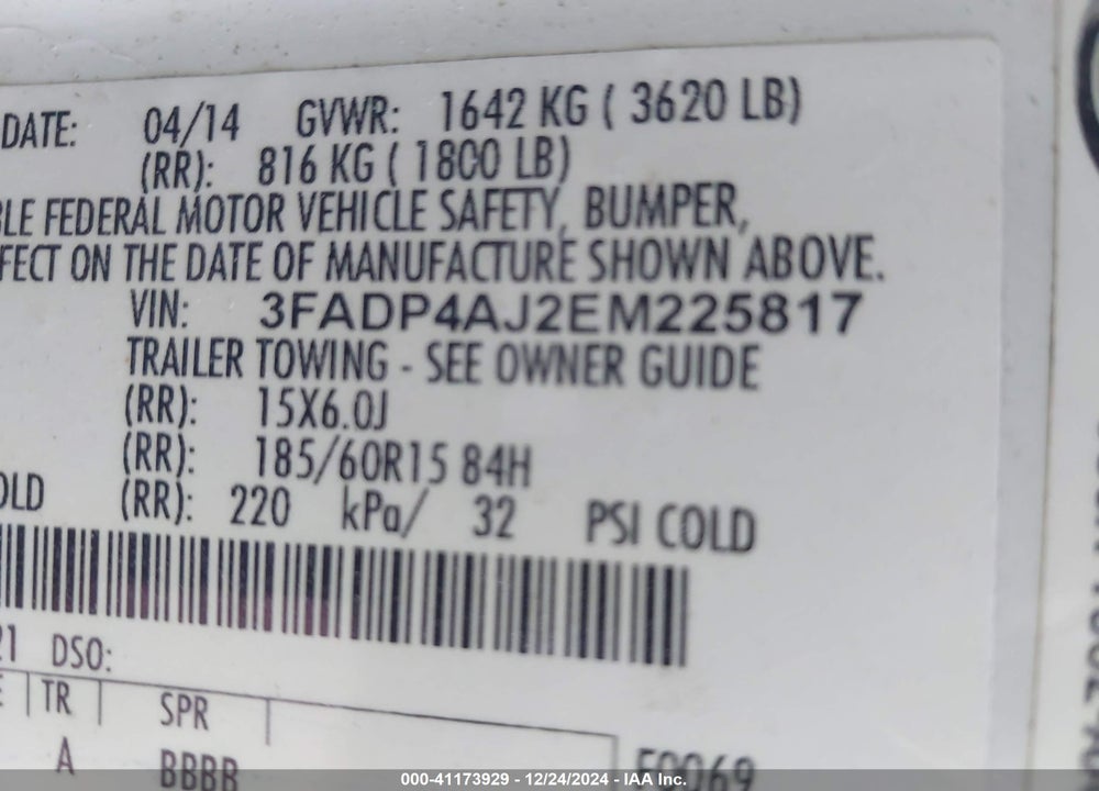 2014 FORD FIESTA S VIN: 3FADP4AJ2EM225817