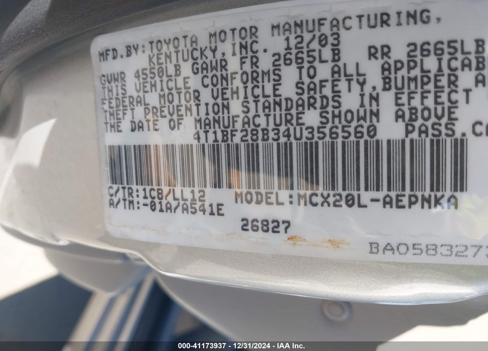 2004 TOYOTA AVALON XL VIN: 4T1BF28B34U356560