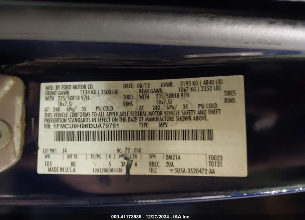 2013 FORD ESCAPE SEL VIN: 1FMCU9H96DUA79791