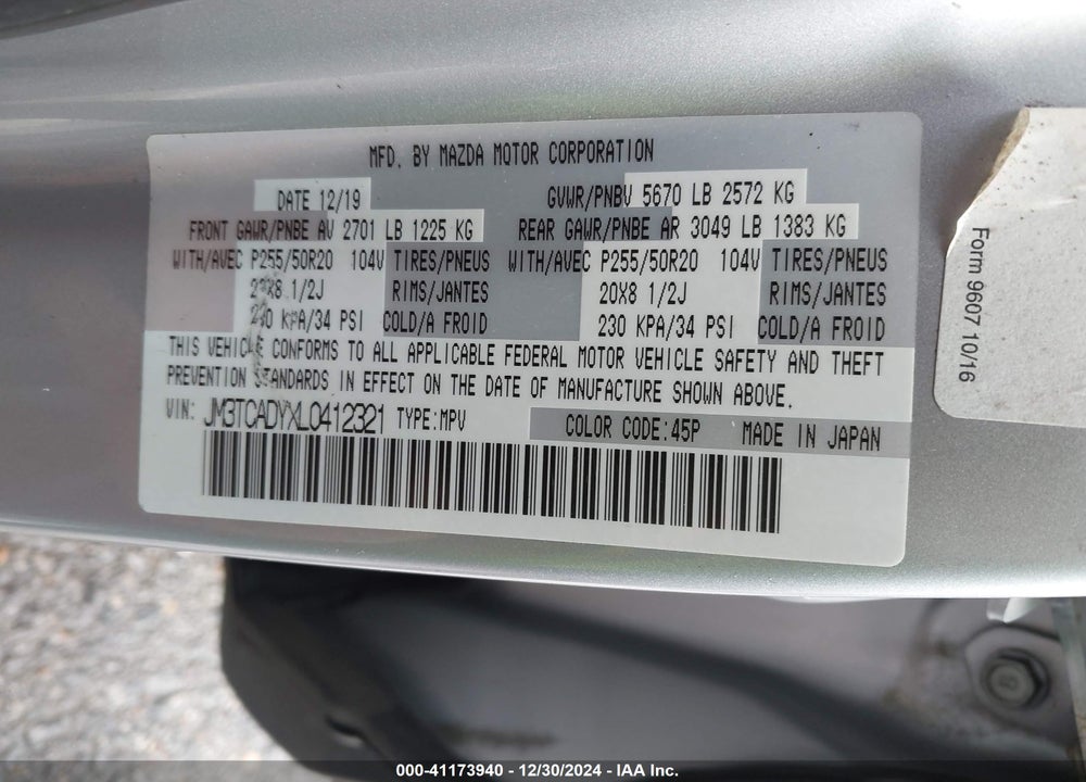 2020 MAZDA CX-9 GRAND TOURING VIN: JM3TCADYXL0412321