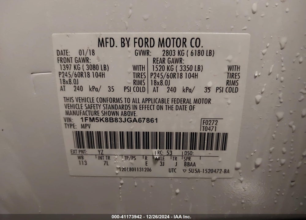 2018 FORD EXPLORER VIN: 1FM5K8B83JGA67861