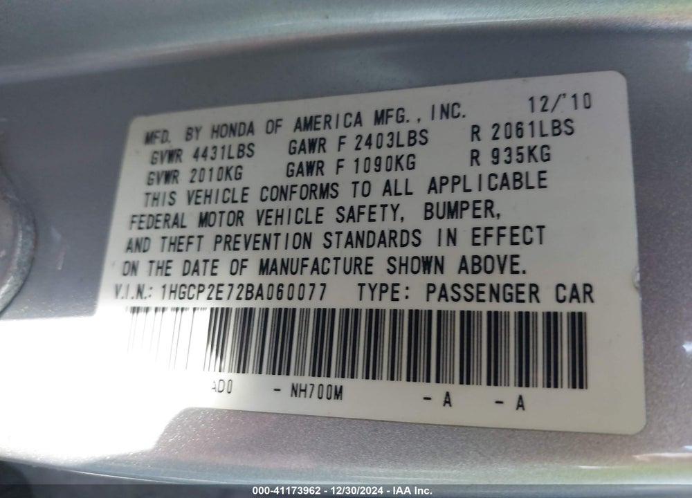 2011 HONDA ACCORD 2.4 EX VIN: 1HGCP2E72BA060077