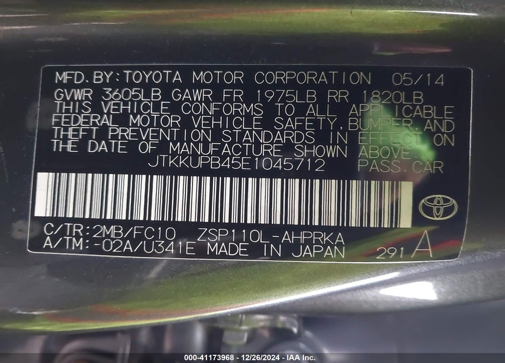 2014 SCION XD VIN: JTKKUPB45E1045712