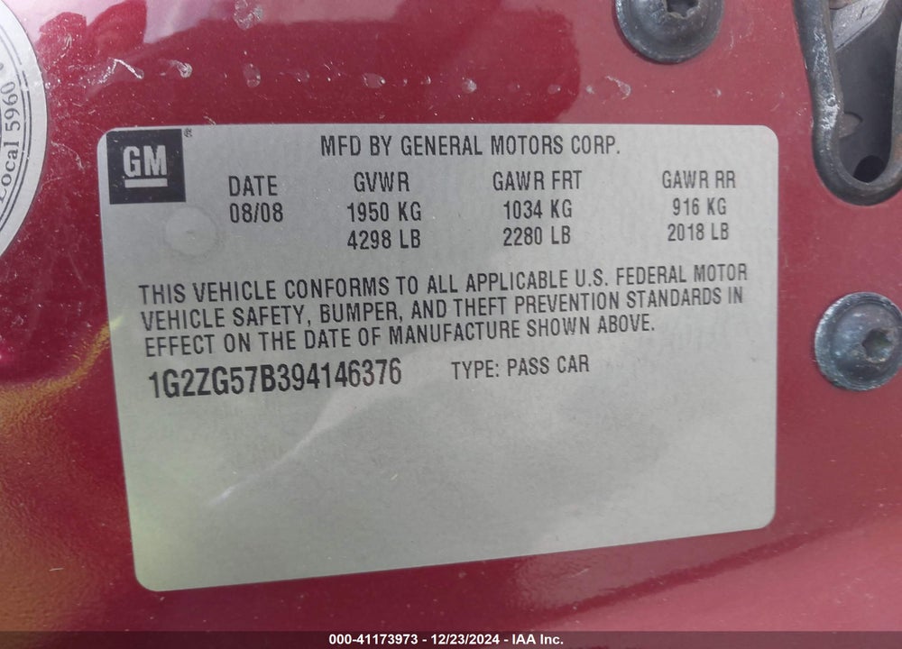 2009 PONTIAC G6 VIN: 1G2ZG57B394146376
