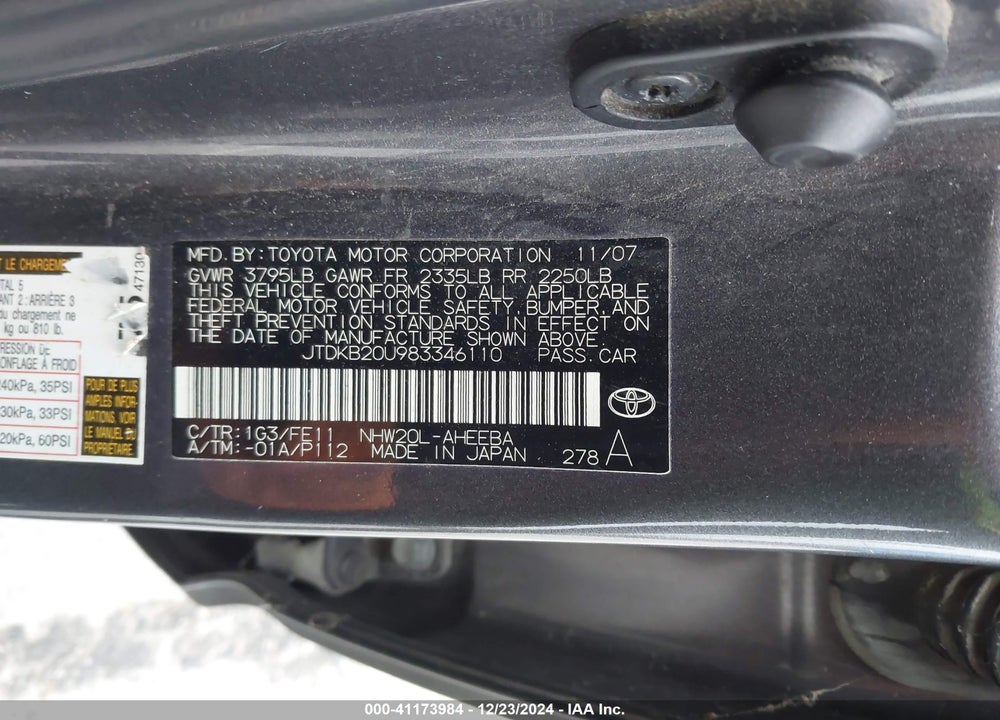 2008 TOYOTA PRIUS VIN: JTDKB20U983346110
