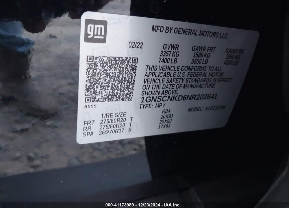 2022 CHEVROLET TAHOE 2WD LT VIN: 1GNSCNKD6NR202641