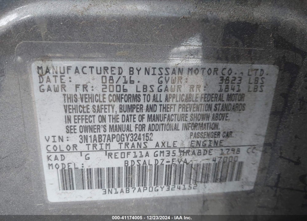 2016 NISSAN SENTRA VIN: 3N1AB7AP0GY324152