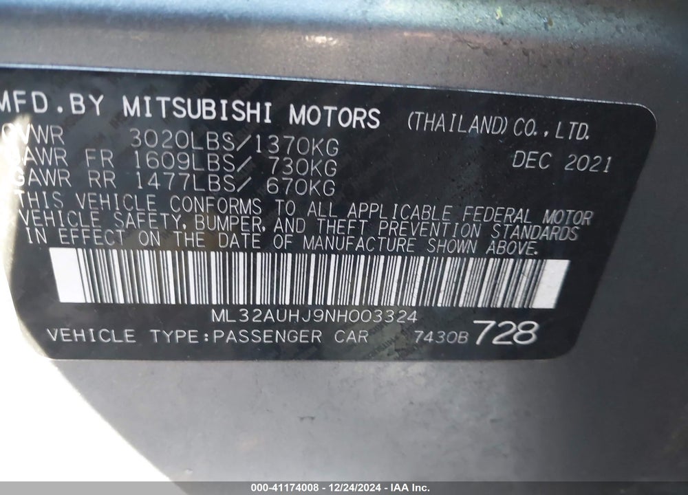 2022 MITSUBISHI MIRAGE ES/LE VIN: ML32AUHJ9NH003324