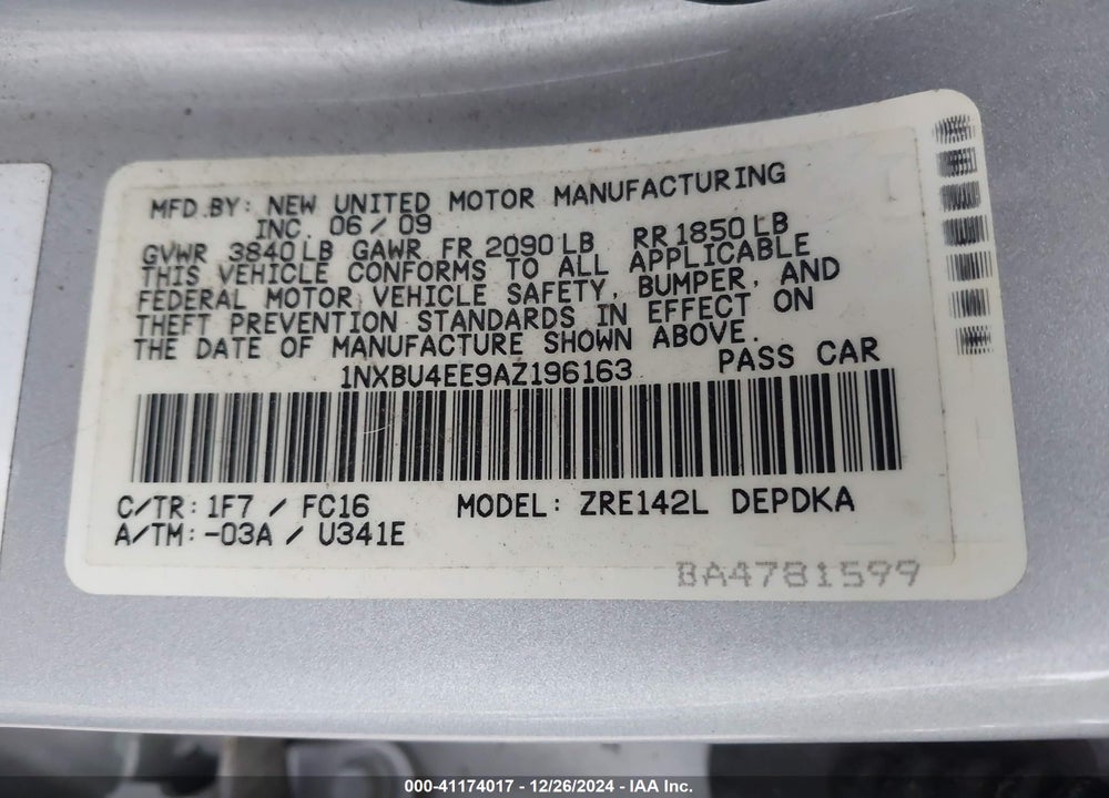 2010 TOYOTA COROLLA LE VIN: 1NXBU4EE9AZ196163