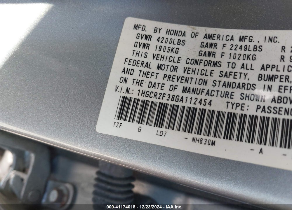 2016 HONDA ACCORD VIN: 1HGCR2F38GA112454