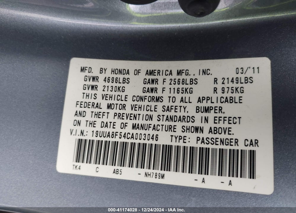 2012 ACURA TL 3.5 VIN: 19UUA8F54CA003046
