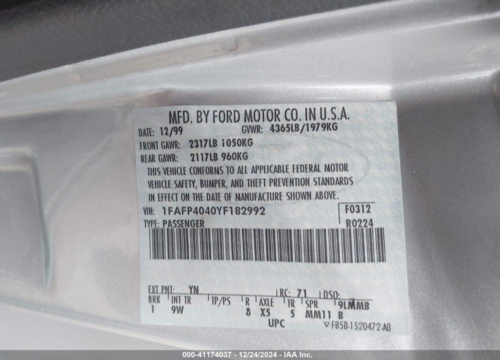 2000 FORD MUSTANG VIN: 1FAFP4040YF182992
