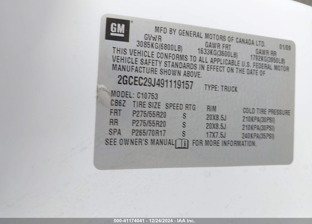 2009 CHEVROLET SILVERADO VIN: 2GCEC29J491119157