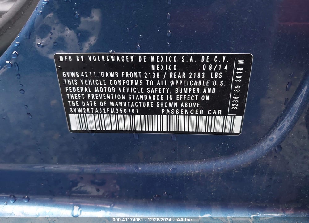 2015 VOLKSWAGEN JETTA 2.0L S VIN: 3VW2K7AJ2FM350767