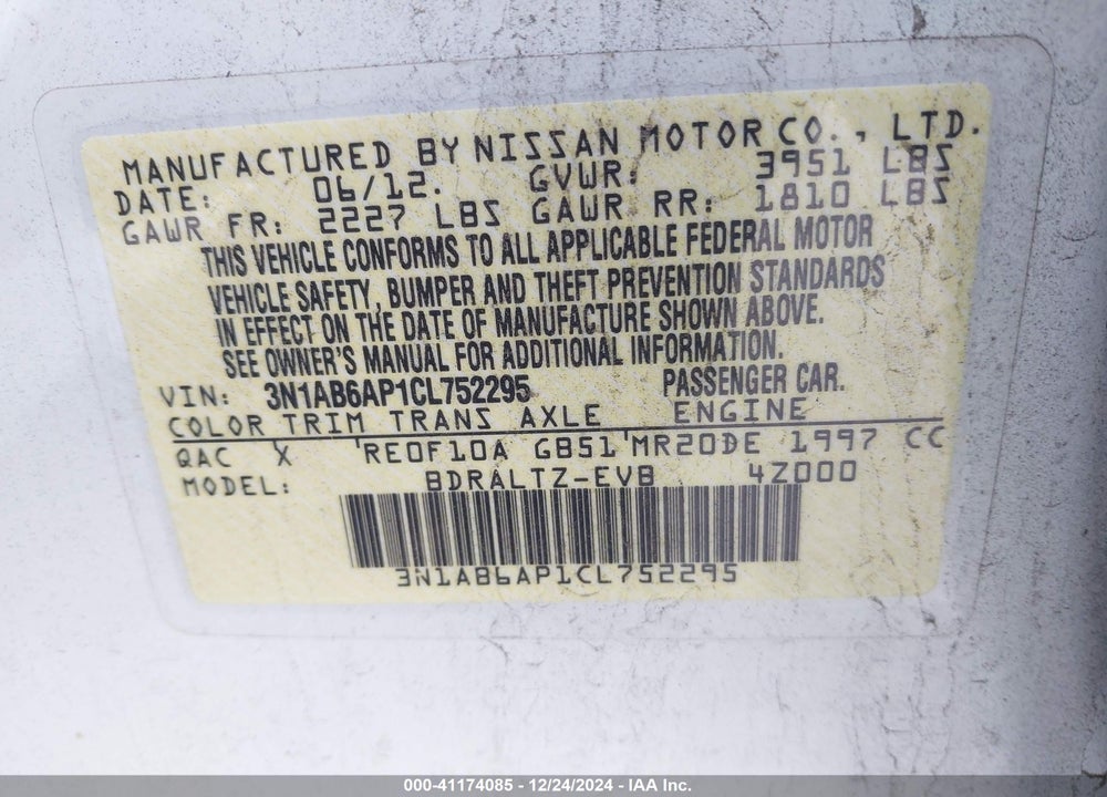 2012 NISSAN SENTRA 2.0 SR VIN: 3N1AB6AP1CL752295