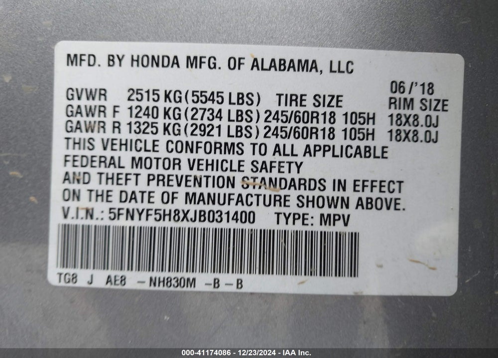 2018 HONDA PILOT EX-L VIN: 5FNYF5H8XJB031400