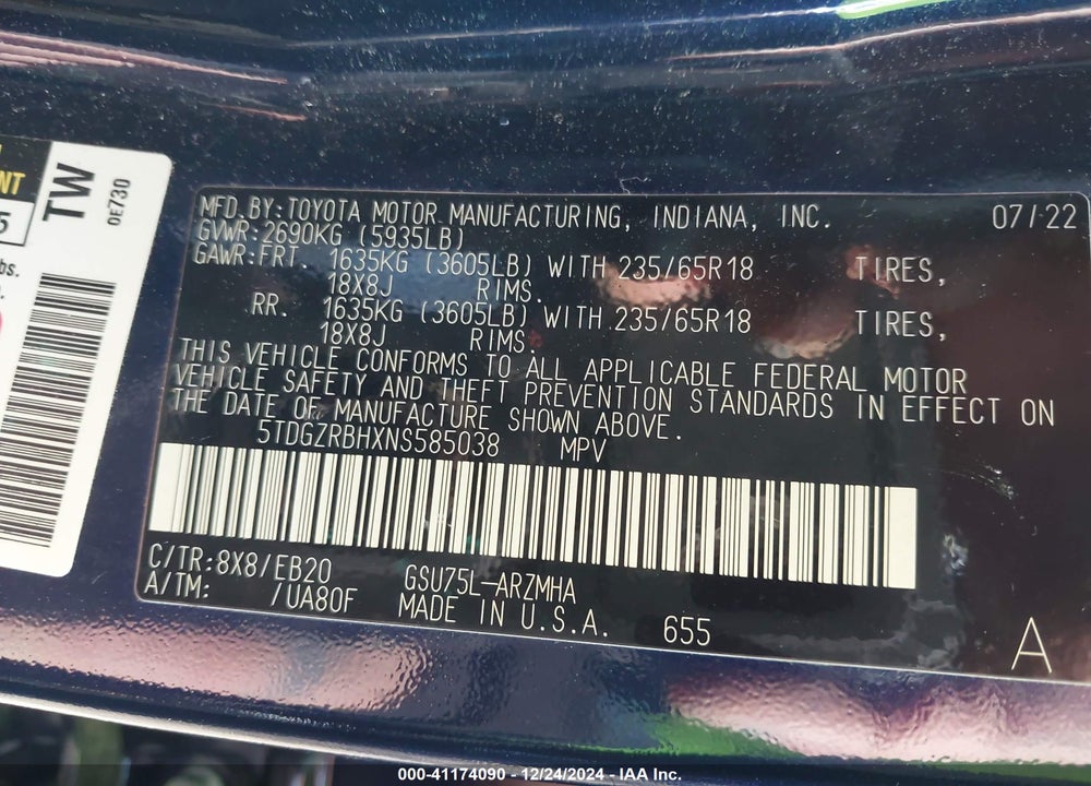 2022 TOYOTA HIGHLANDER XLE VIN: 5TDGZRBHXNS585038