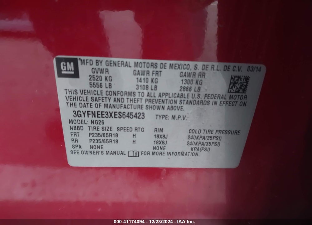 2014 CADILLAC SRX LUXURY COLLECTION VIN: 3GYFNEE3XES645423