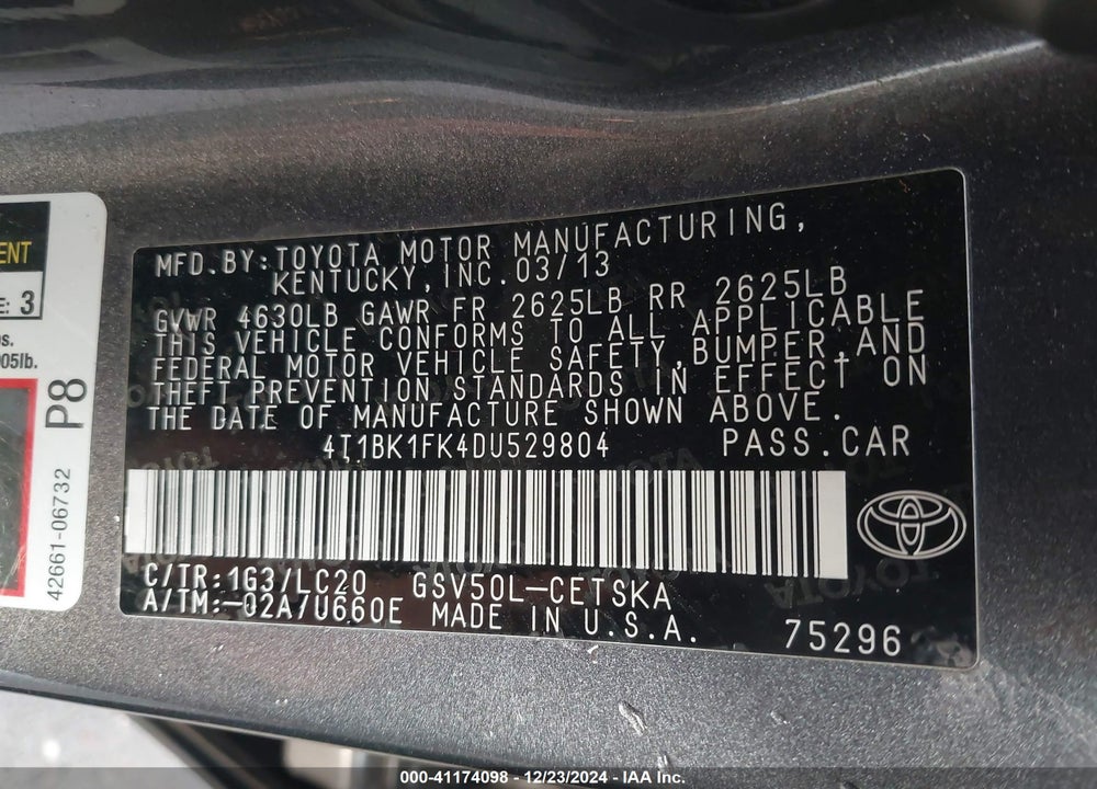 2013 TOYOTA CAMRY SE V6 VIN: 4T1BK1FK4DU529804