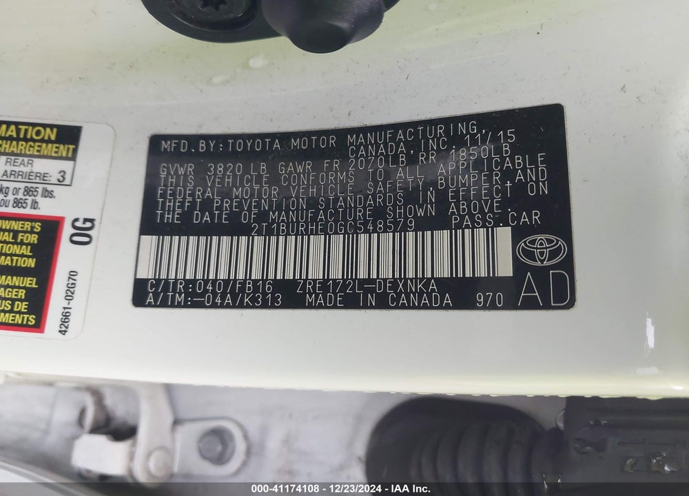 2016 TOYOTA COROLLA VIN: 2T1BURHE0GC548579