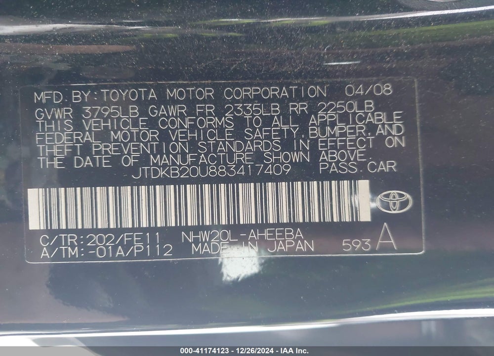 2008 TOYOTA PRIUS VIN: JTDKB20U883417409