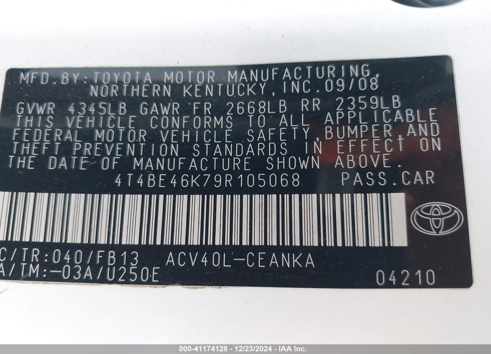 2009 TOYOTA CAMRY VIN: 4T4BE46K79R105068