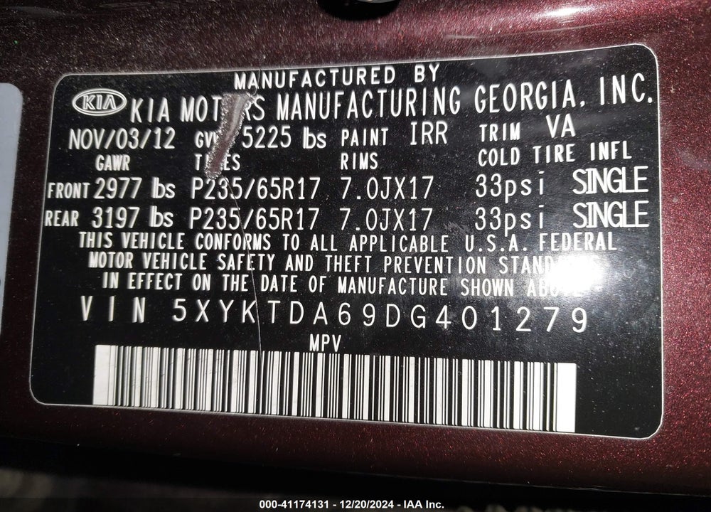 2013 KIA SORENTO LX VIN: 5XYKTDA69DG401279