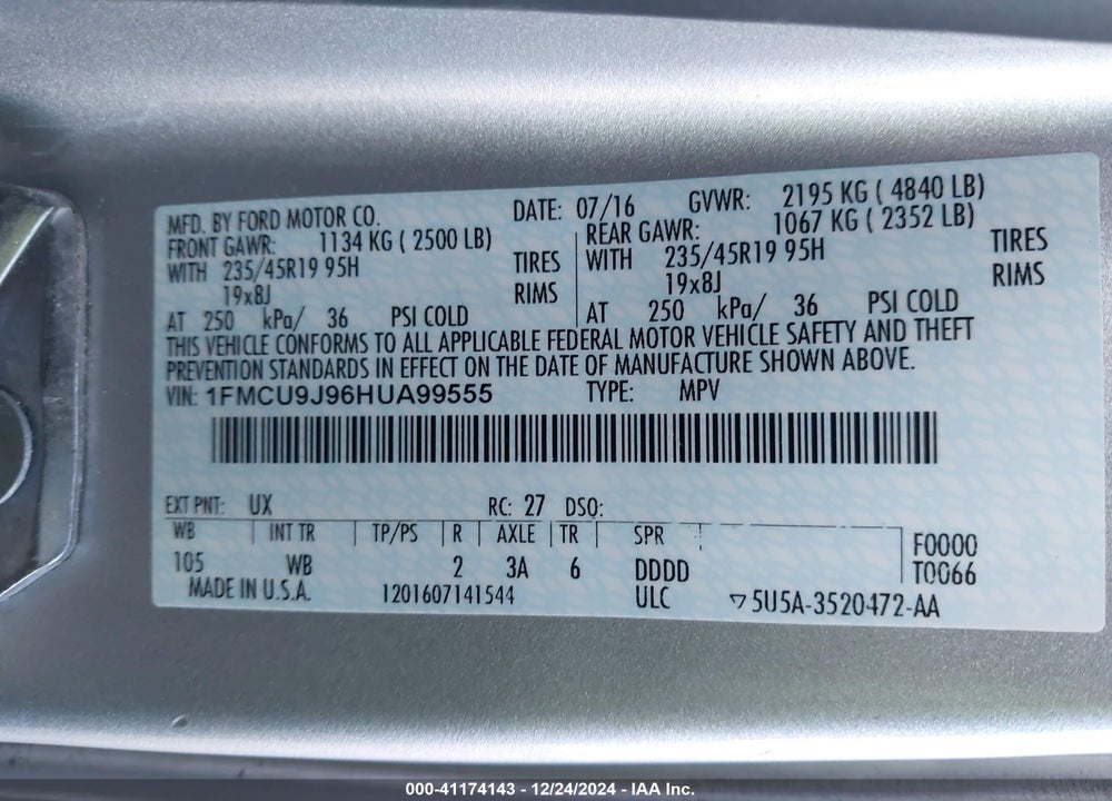 2017 FORD ESCAPE TITANIUM VIN: 1FMCU9J96HUA99555