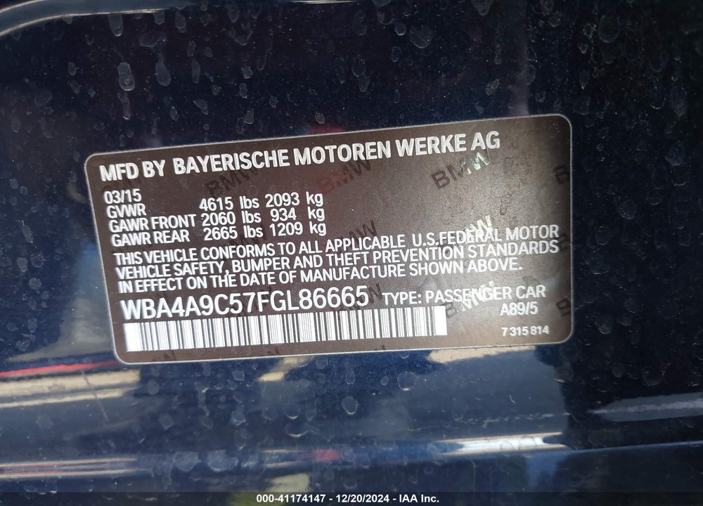 2015 BMW 428 GRAN COUPE VIN: WBA4A9C57FGL86665