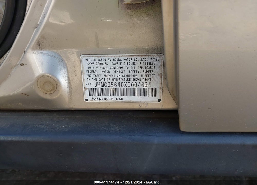 1999 HONDA ACCORD LX VIN: JHMCG5640XC004654