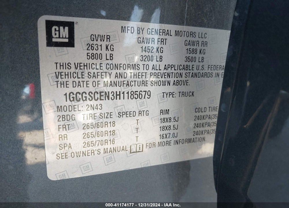 2017 CHEVROLET COLORADO VIN: 1GCGSCEN3H1185679
