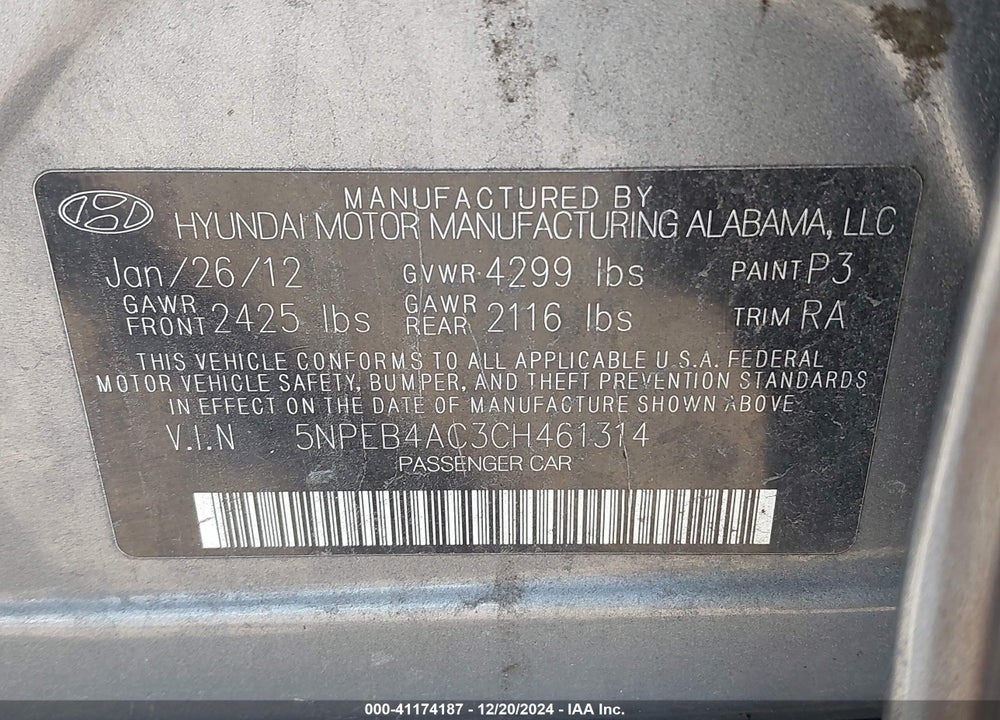 2012 HYUNDAI SONATA VIN: 5NPEB4AC3CH461314
