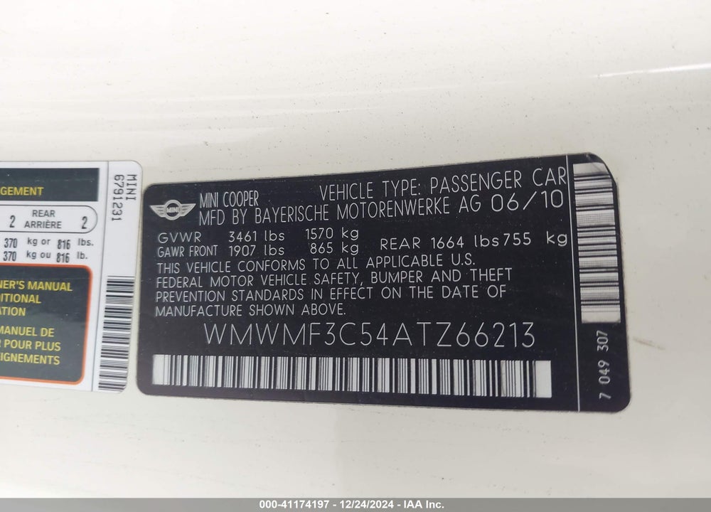 2010 MINI COOPER VIN: WMWMF3C54ATZ66213