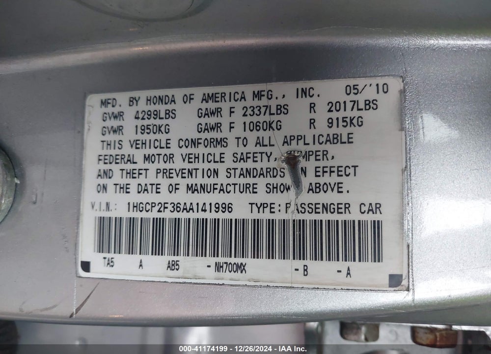 2010 HONDA ACCORD 2.4 LX VIN: 1HGCP2F30AA069144