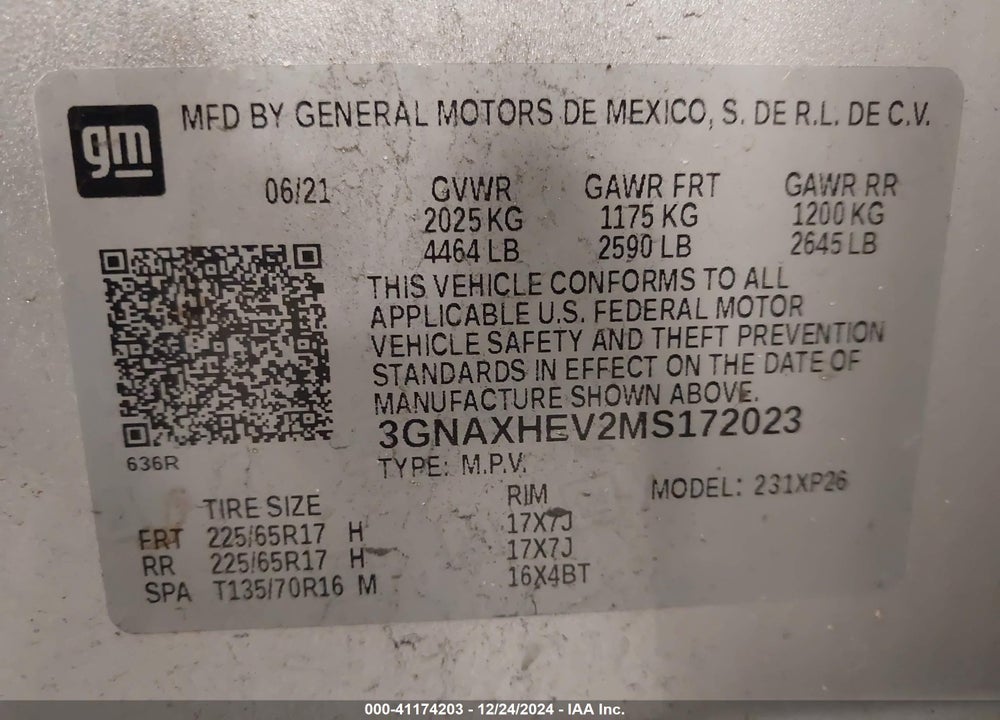 2021 CHEVROLET EQUINOX FWD LS VIN: 3GNAXHEV2MS172023