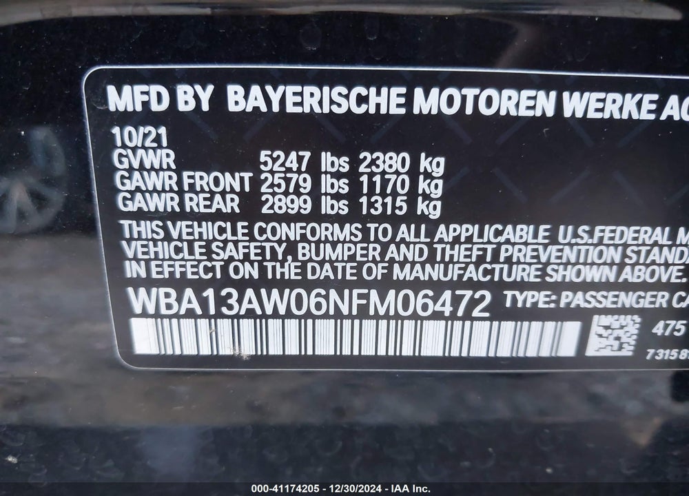 2022 BMW M440I GRAN COUPE XDRIVE VIN: WBA13AW06NFM06472